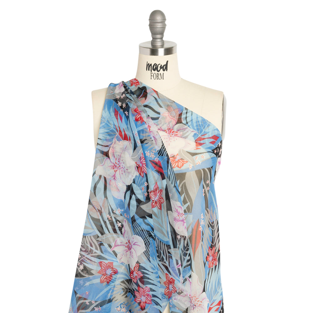 Blue, Black and Red Tropical Flora Silk Chiffon - Joann Fabrics