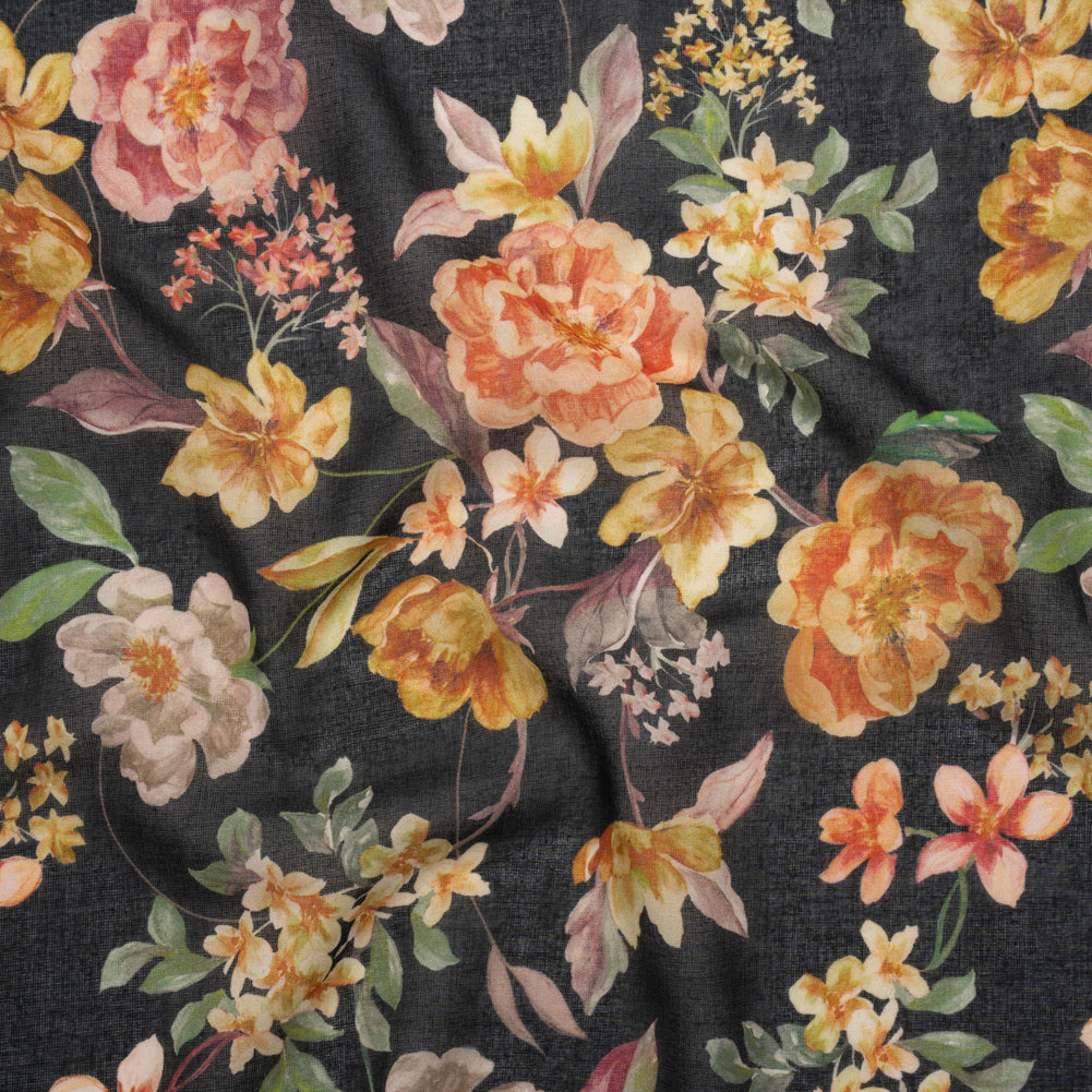 Cotton Voile - Black, Pink and Yellow Floral - Mood Exclusive Nocturne Garden Print - Joann Fabrics