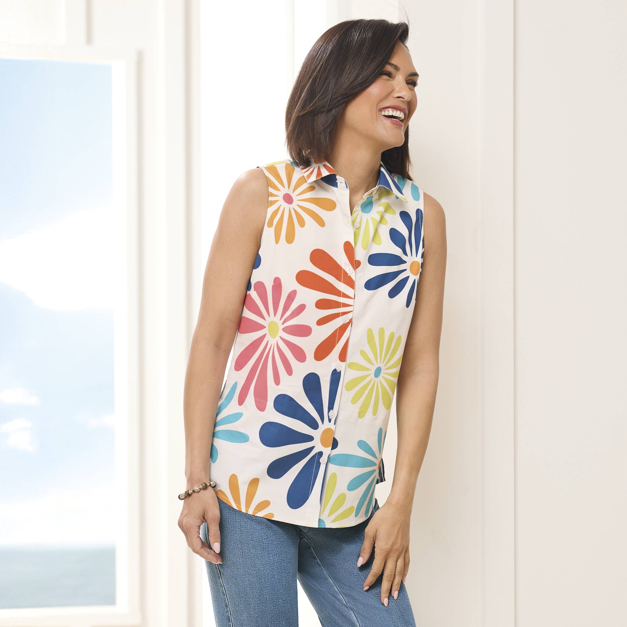 Lush Floral Sleeveless Cotton Poplin Top, Button Front, Side Slits - Northstyle Catalog