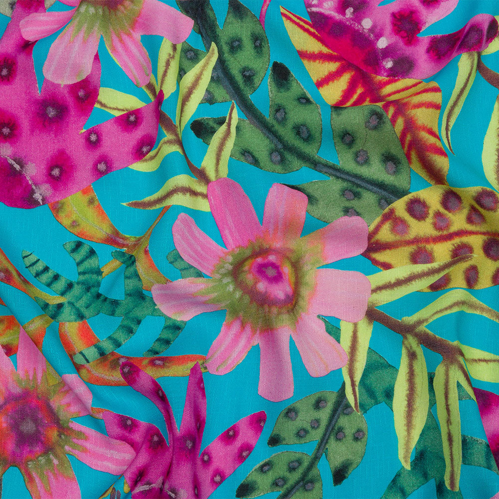 Slubbed Viscose Woven Print - Turquoise, Pink and Green Floral - Mood Exclusive Extraterrestrial Tropics - Joann Fabrics