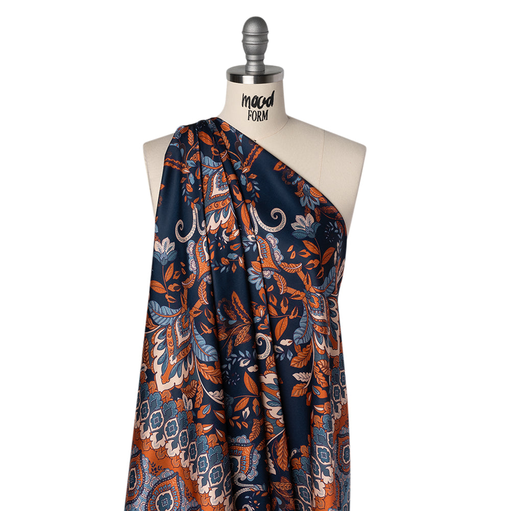 Stretch Polyester Charmeuse - Navy, Muted Teal and Orange Jacobean Florals - Designer Deadstock - Joann Fabrics