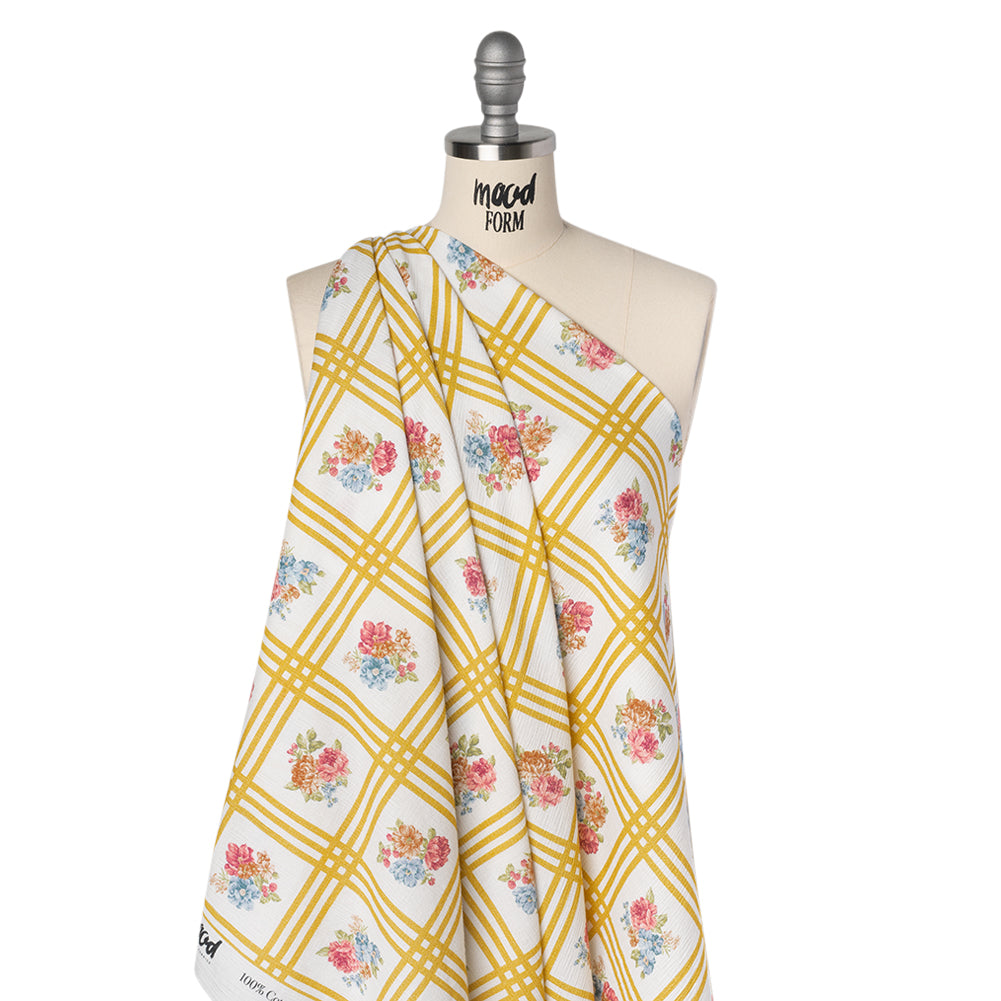 Slubbed Gauzy Cotton Woven - Yellow Ochre, Red and Blue Check with Flower Bouquets - Mood Exclusive Banquet Bouquet Print - Joann Fabrics
