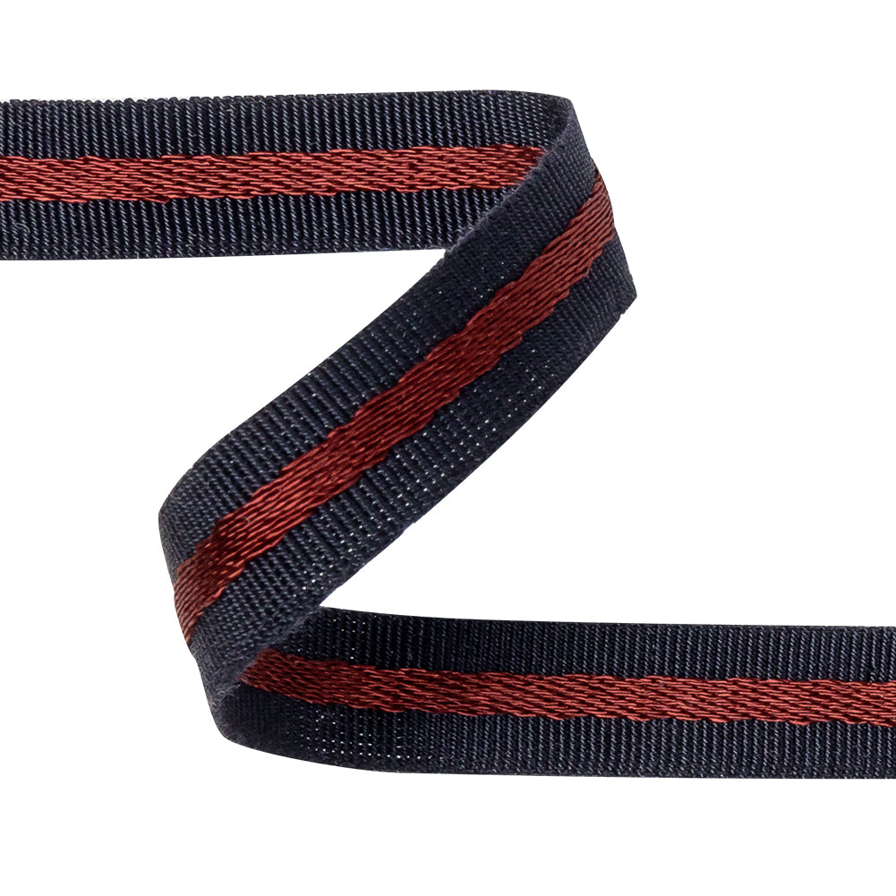 Italian Navy and Wine Striped Cotton Blend Grosgrain Ribbon - 0.4375
