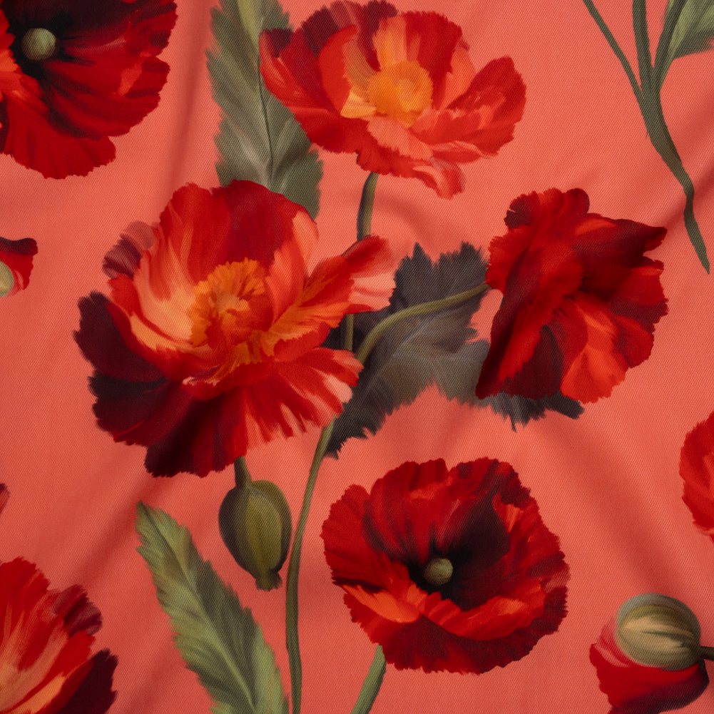 Peached Polyester Twill - Dark Pink, Green and Red Poppies and Leaves - Mood Exclusive A Portrait of Poppies Print - Joann Fabrics