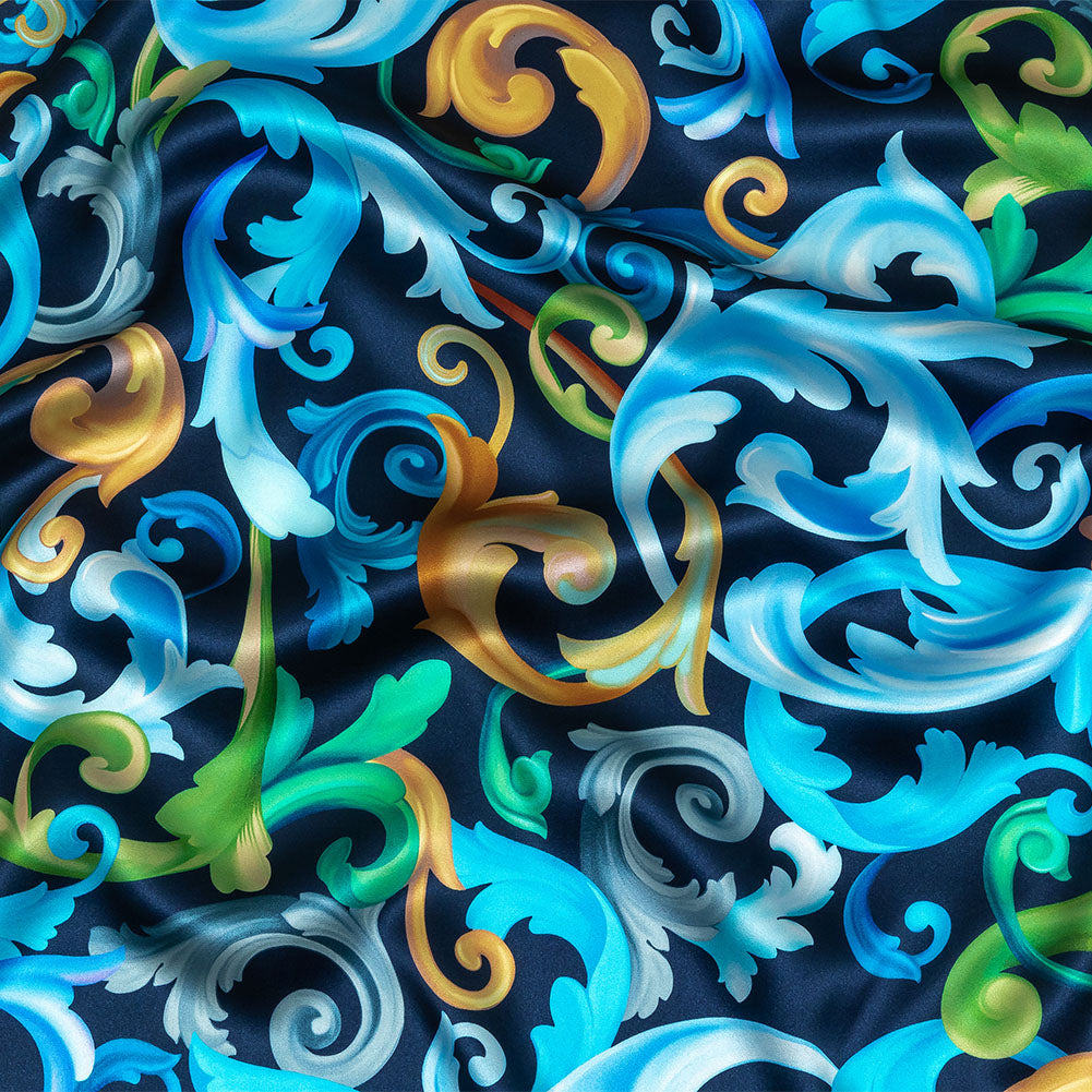 Mood Exclusive Italian Navy, Gold and Blue Ornate Swirls Silk Charmeuse - Joann Fabrics
