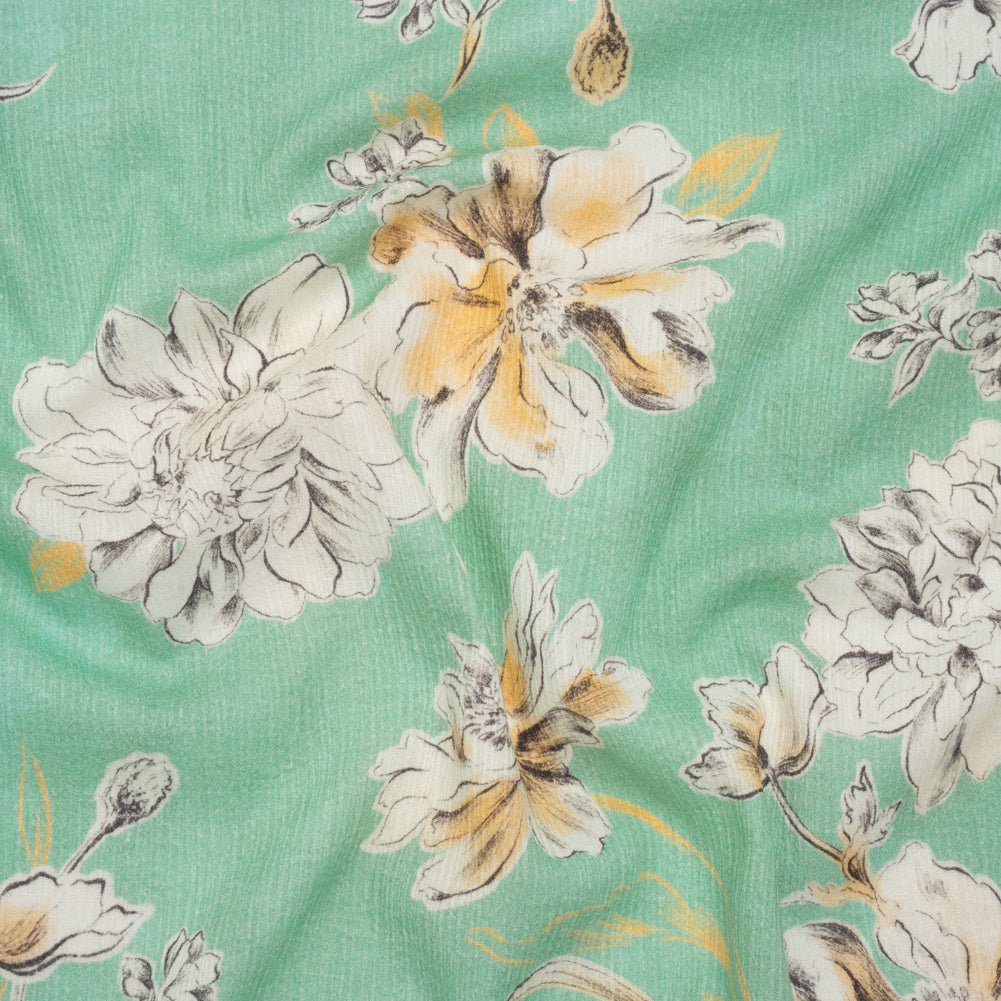 Slubbed Gauzy Cotton Woven - Mint Green, Golden Yellow and Off White Floral - Mood Exclusive Color Me Chrysanthemum Print - Joann Fabrics