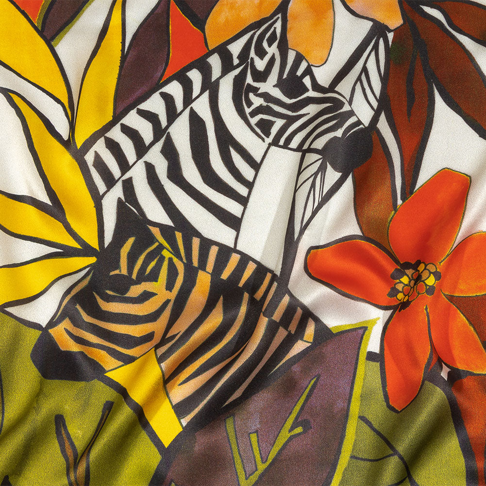 Italian Brown, Yellow and Olive Zebras and Flowers Silk Charmeuse - Joann Fabrics