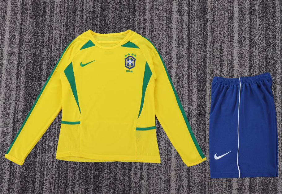2002 Retro Long Sleeve Brazil Home Football Shirt 1:1 Thai Quality Kids Size