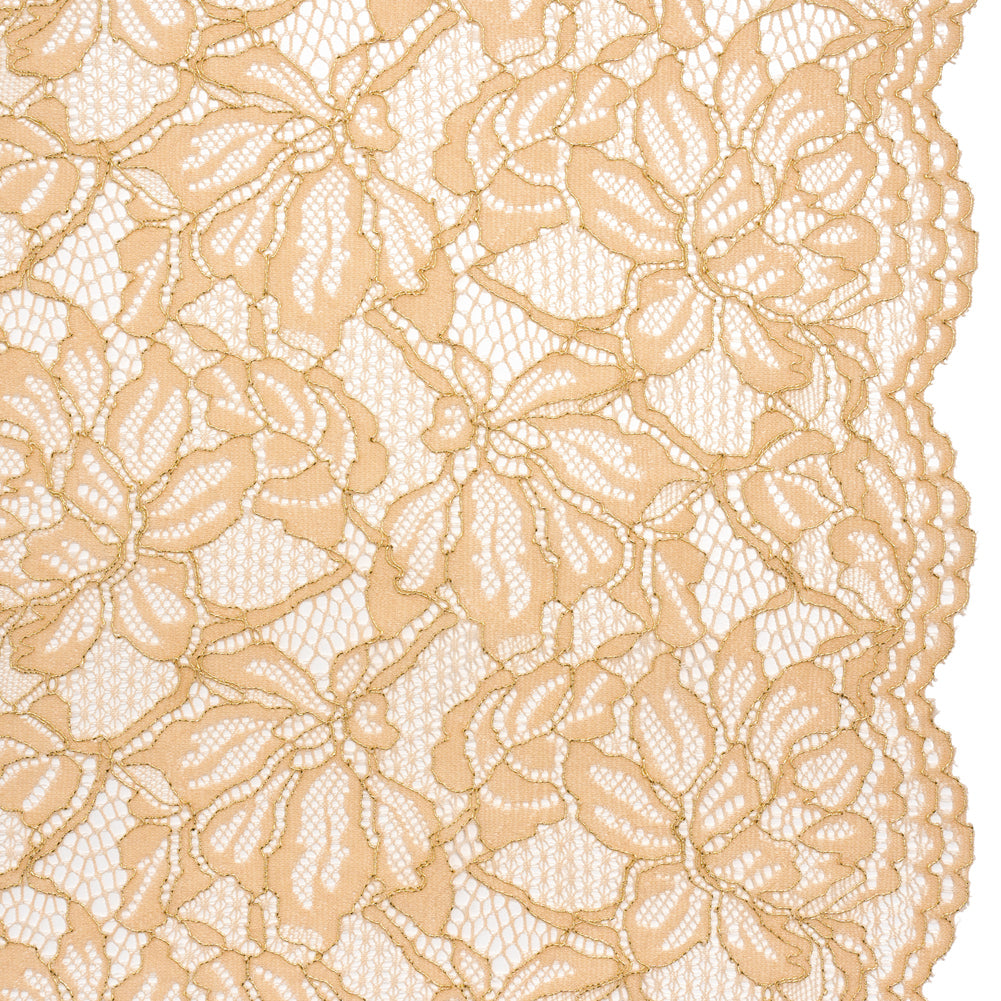 Stretch Metallic Corded Lace with Finished Edges - Linen Beige and Gold Tropical Blossoms - Ottilie Collection - Joann Fabrics