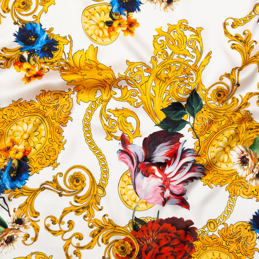 Mood Exclusive Italian White and Gold Ornate Floral Digitally Printed Silk Charmeuse - Joann Fabrics