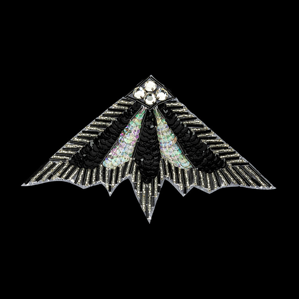 Vintage Crystal Iris and Black Sequins with Crystal Rhinestones Silver and Black Beaded Abstract Fan Applique - 4.25