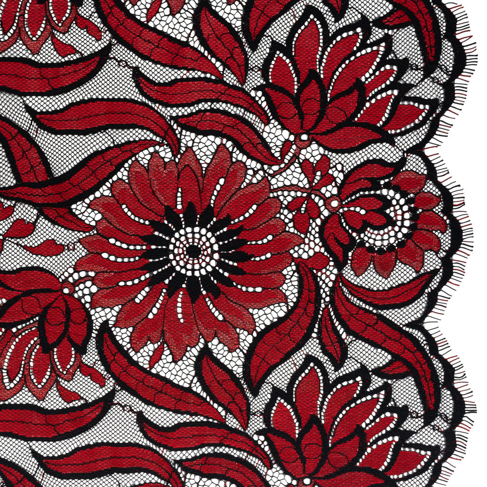 Raschel Lace Panel with Finished Edges - Black and Red Bold Daisies and Leaves - Joann Fabrics