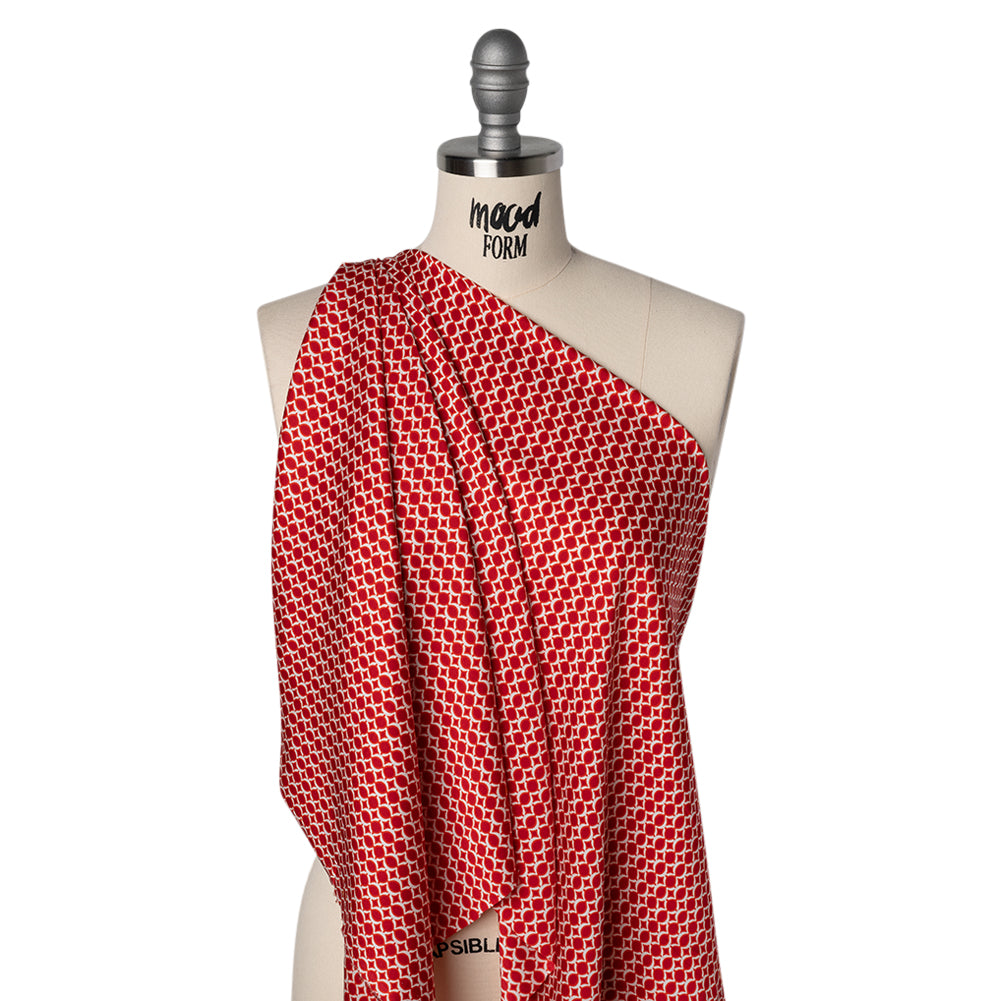 Stretch Silk Charmeuse Print - Red and White Geometric Bead Strands - Deadstock - Joann Fabrics