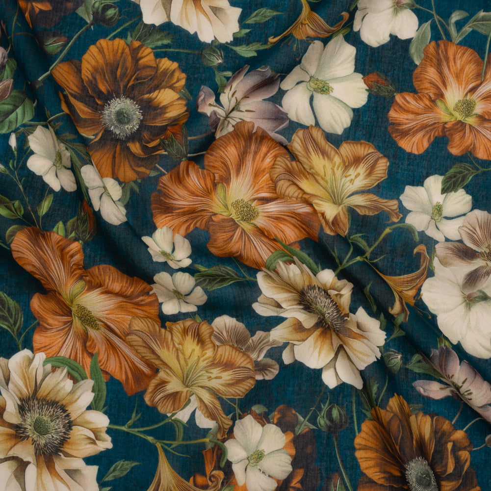 Crinkled Cotton Gauzy Woven - Phthalo Blue, Burnt Orange and Cream Floral - Mood Exclusive Trellis Tango Print - Joann Fabrics