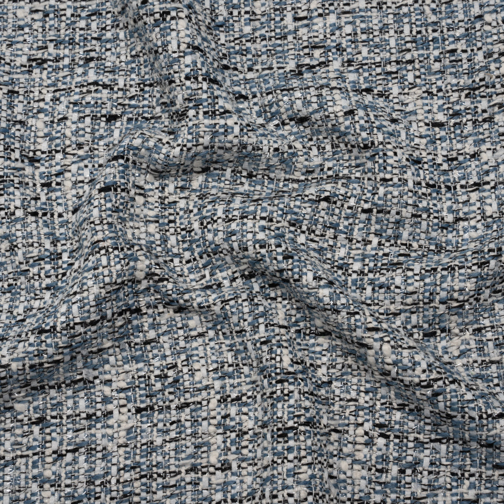 Polyester Tweed with Clear Eyelash Fringe - Blue, White and Black Abstract - Deadstock - Joann Fabrics