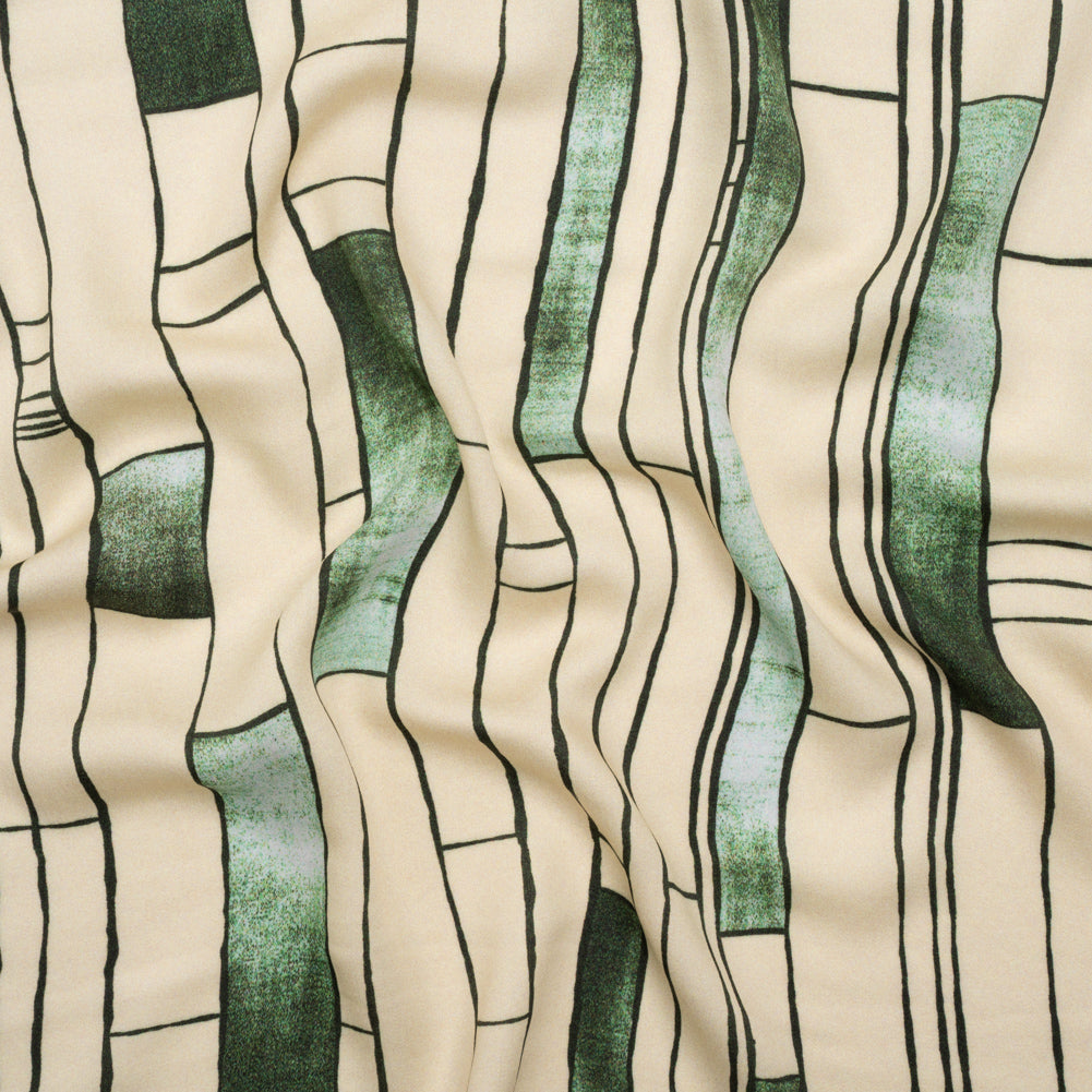 Rayon Challis - Green and Cream Geometric Blocks - Cliffside Climb Print - Mood Exclusive Acadia Collection - Joann Fabrics