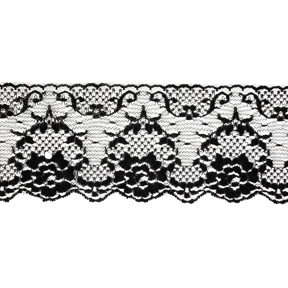 Black Floral Lace Trim with Scalloped Edges - 3.25