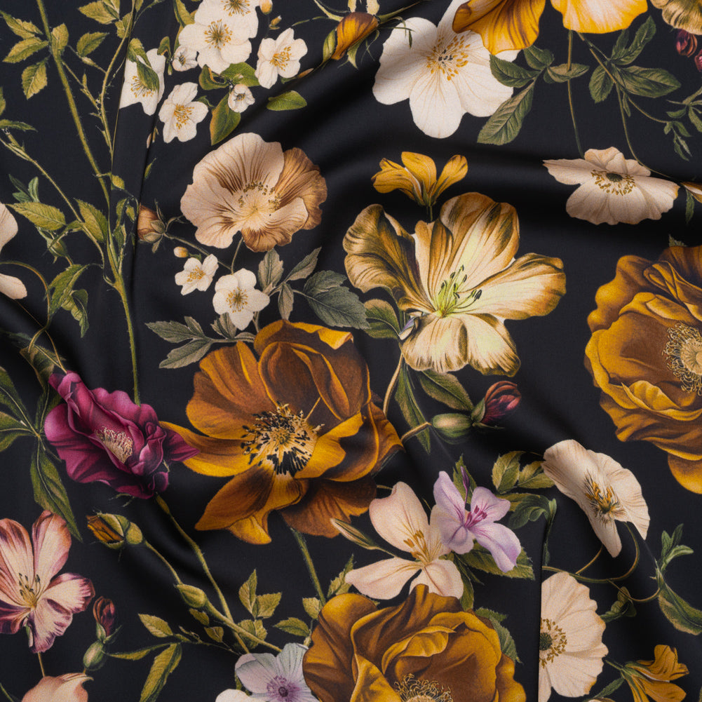 Polyester Satin - Mustard Yellow, Green and Black Floral - Mood Exclusive Garden Tangle Print - Joann Fabrics