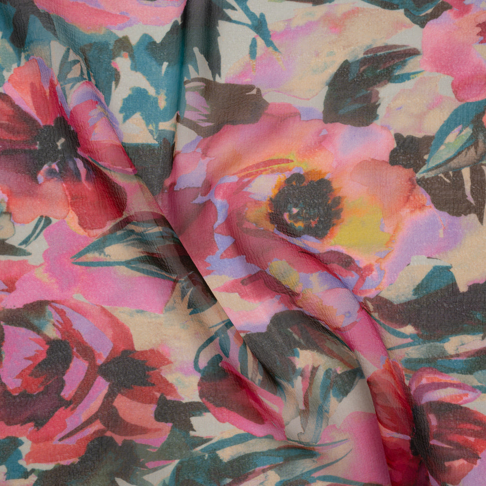 Silk Chiffon Print Made in Italy - Teal, Fuchsia and Peach Watercolor Blooms - Deadstock - Joann Fabrics