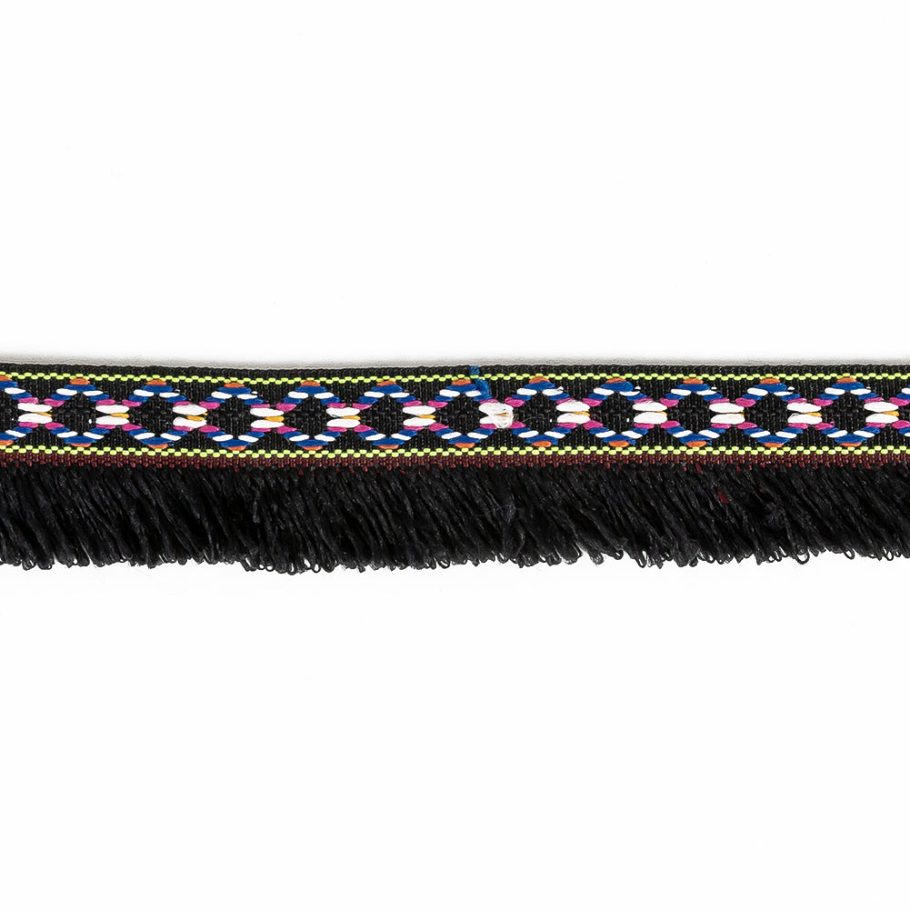 Multicolored and Black Tribal Brushed Fringe Trim - 1.125