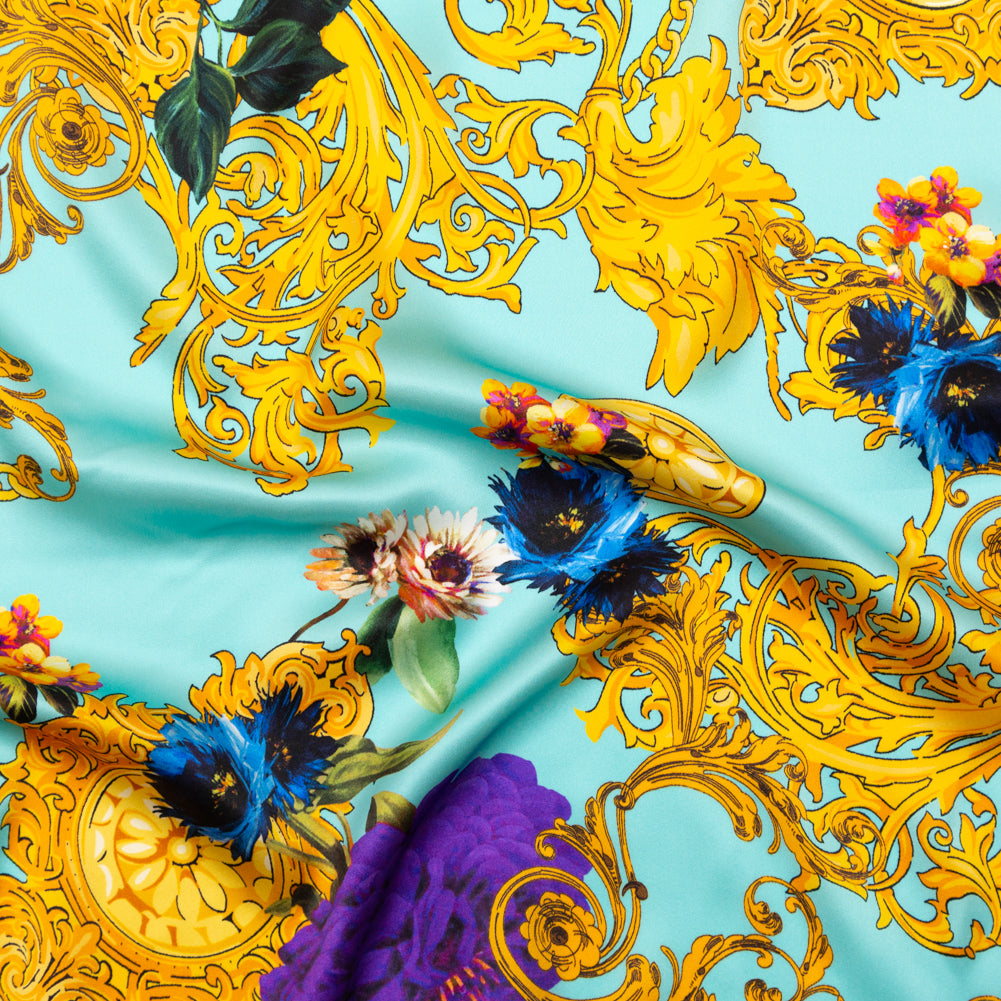Mood Exclusive Italian Turquoise and Gold Ornate Floral Digitally Printed Silk Charmeuse - Joann Fabrics