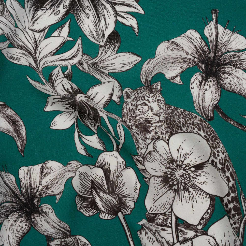 Silk Georgette Print Made in Italy - Teal, Black and White Leopards in the Lilies - Deadstock - Joann Fabrics