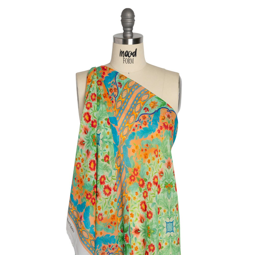Viscose Georgette Panel - Blue, Green and Orange Floral Squares - Mood Exclusive Waltz of the Flowers Print - Joann Fabrics