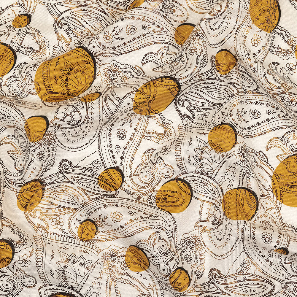 Honey Gold, Brown and White Foiled Paisley on Polka Dot Printed Viscose Woven - Joann Fabrics