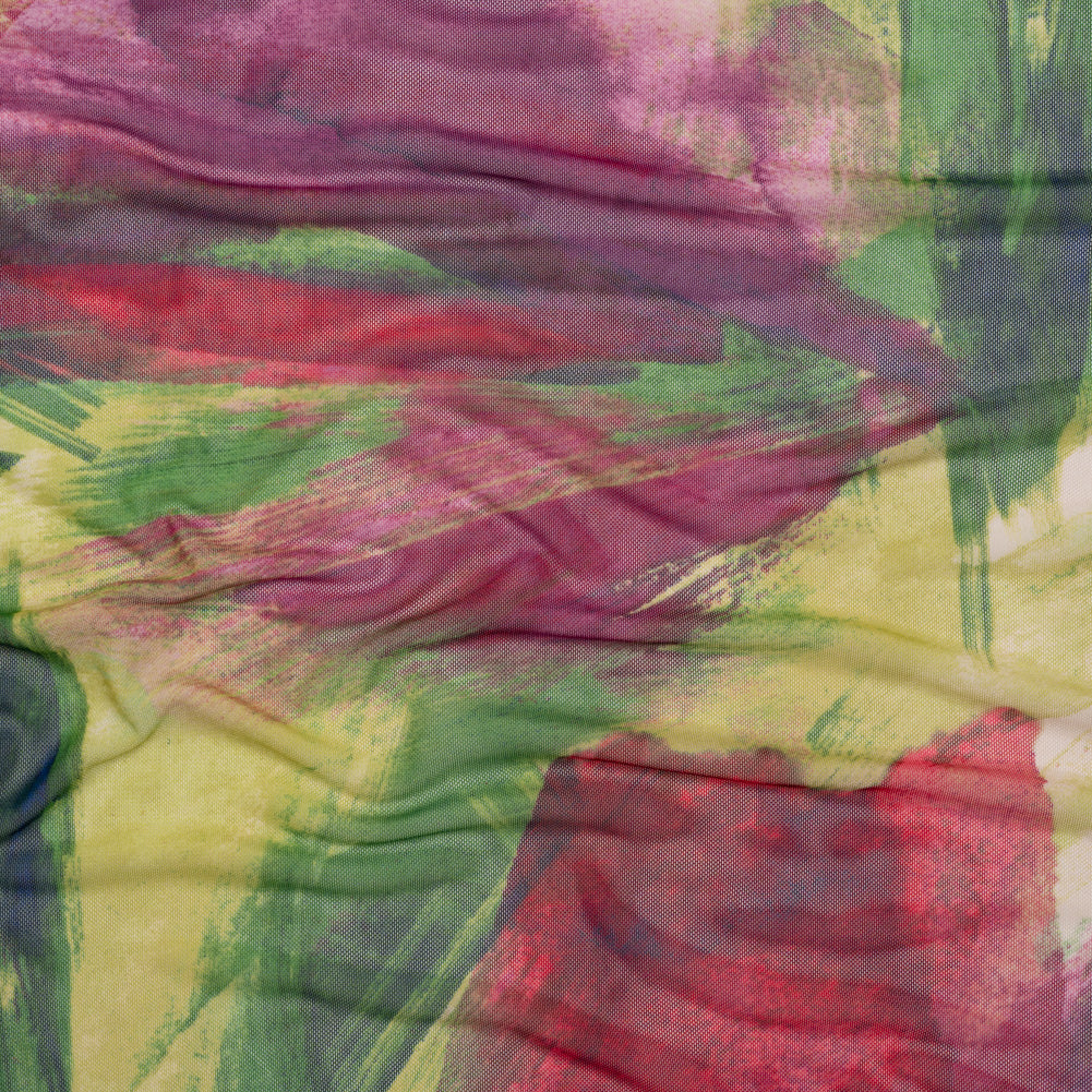 Polyester Stretch Mesh - Green, Berry Red and Butterceam Painted Palm Leaves - Designer Deadstock - Joann Fabrics