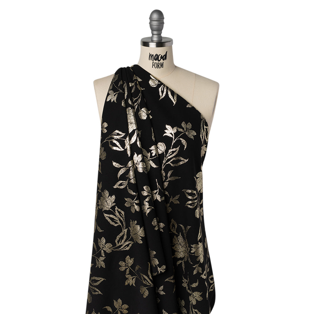 Stretch Polyester Crepe Scuba Knit with Foiled Print - Gold and Black Floral - Designer Deadstock - Joann Fabrics