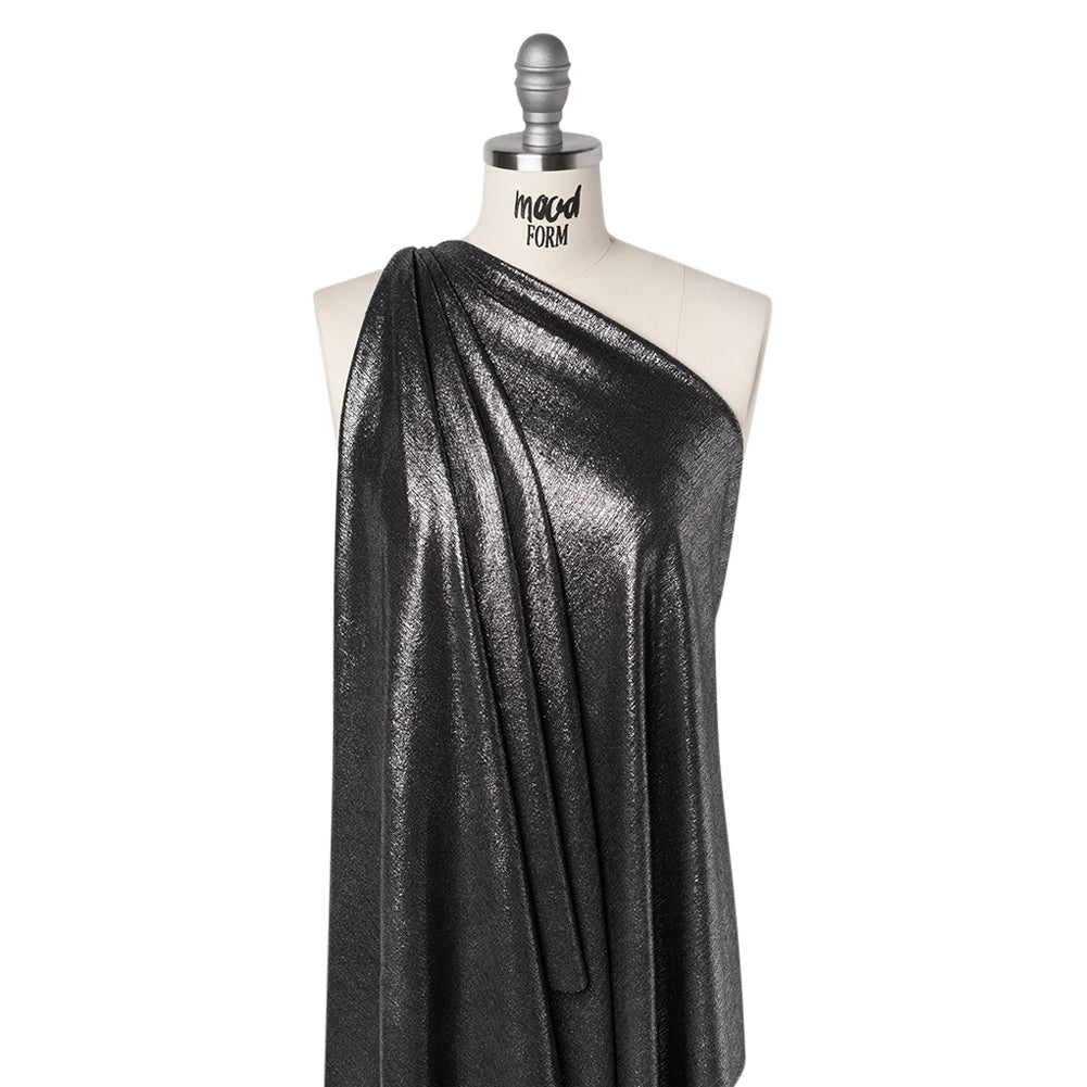 Metallic Foiled Uneven Stretch Rib Knit - Silver on Black - Estelle Collection - Joann Fabrics