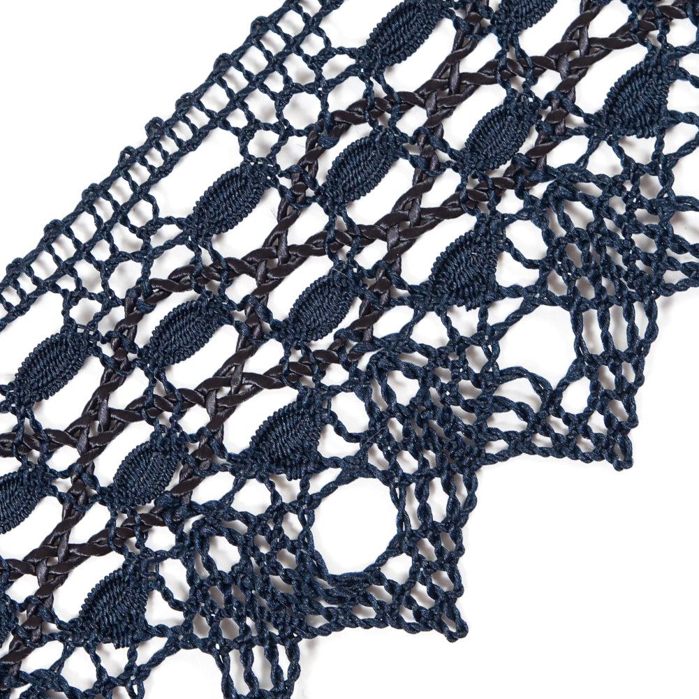 European Navy Scalloped Crochet Lace Trim with Satin Ribbon Detail - 2