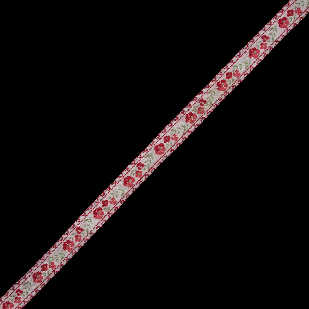 Red and Pale Gray Floral German Jacquard Ribbon - 0.5