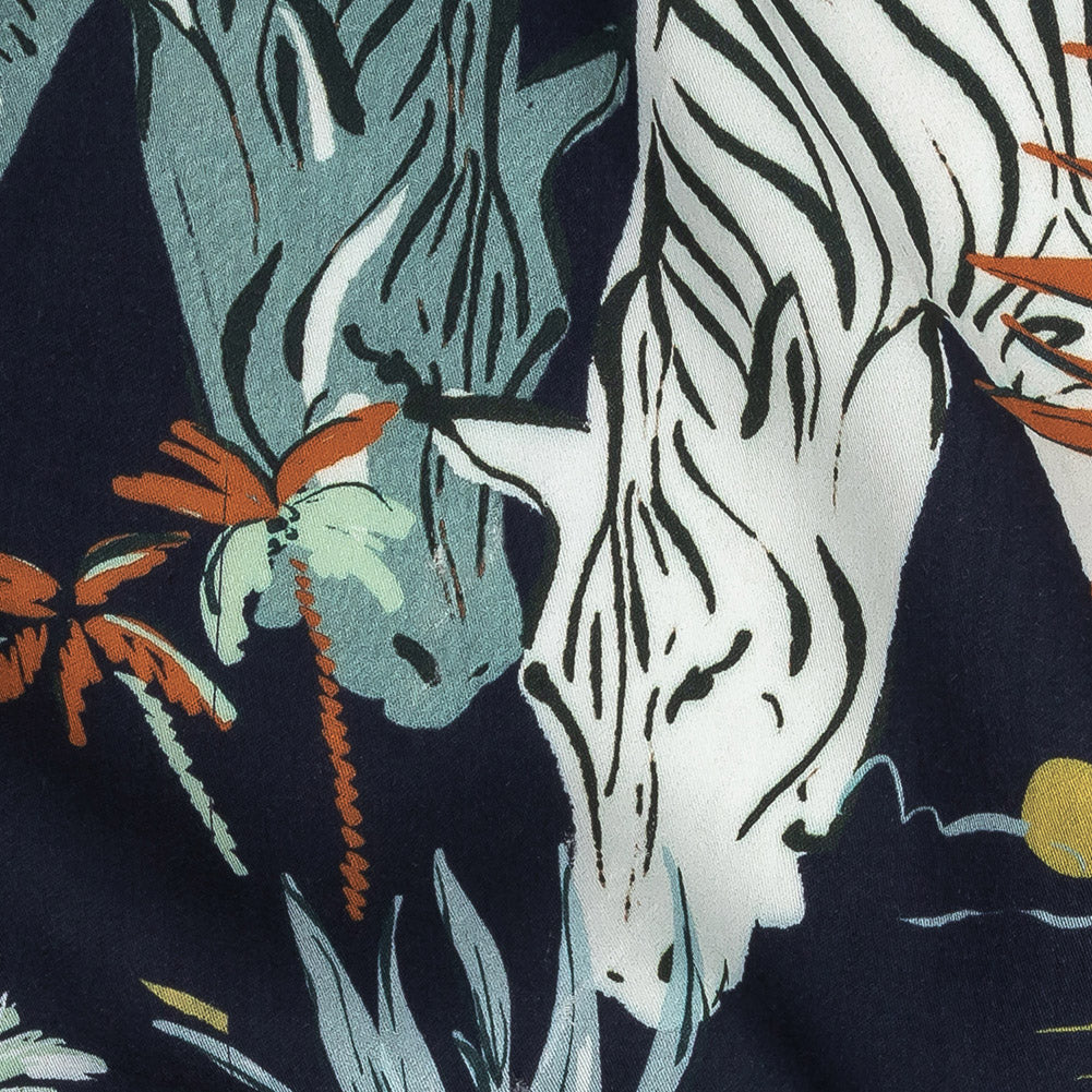 Rayon Batiste Print - Midnight, Green and White Zebras and Brids - Mood Exclusive Navy Birds of Play - Joann Fabrics