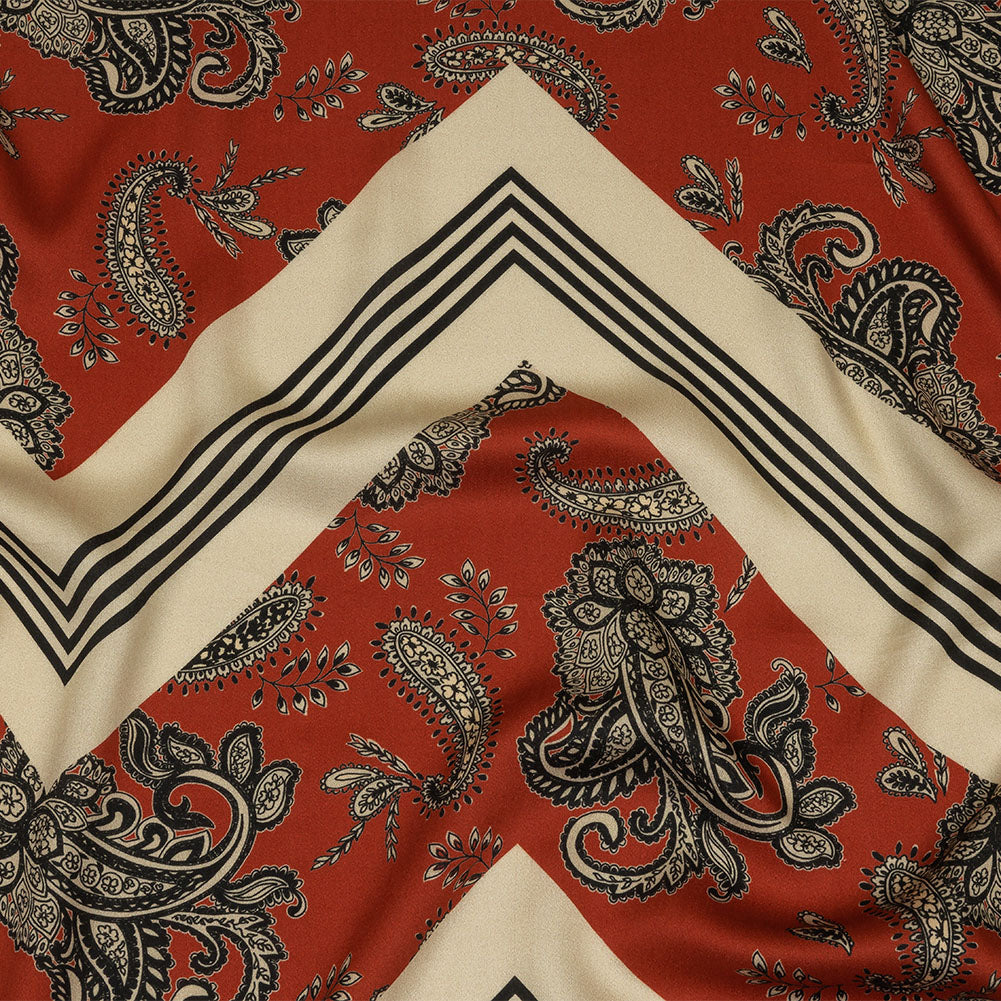 Rayon Challis - White and Orange Paisley and Chevron - Well Travelled Trails Print - Mood Exclusive Rockland Collection - Joann Fabrics