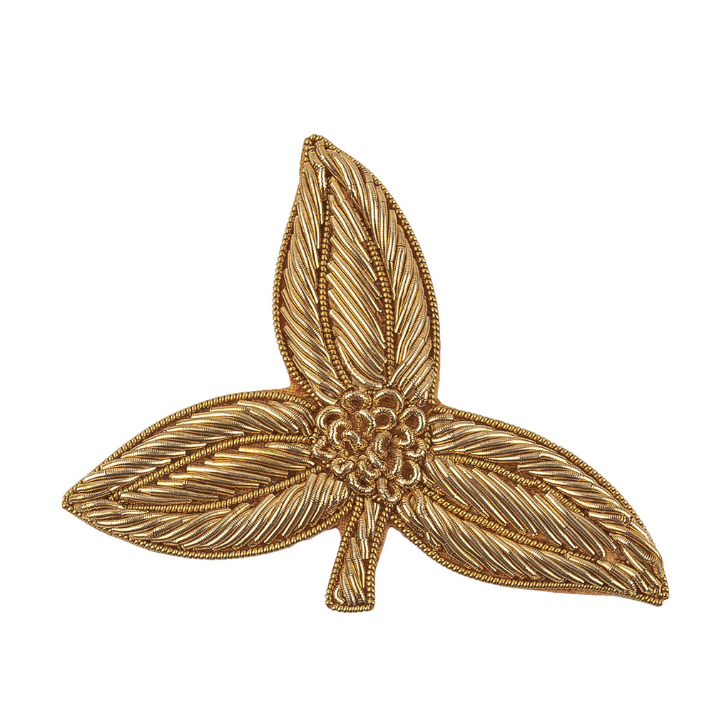 Vintage Gold Lurex Bullion Stitch Leaf Trio Applique - 2.25