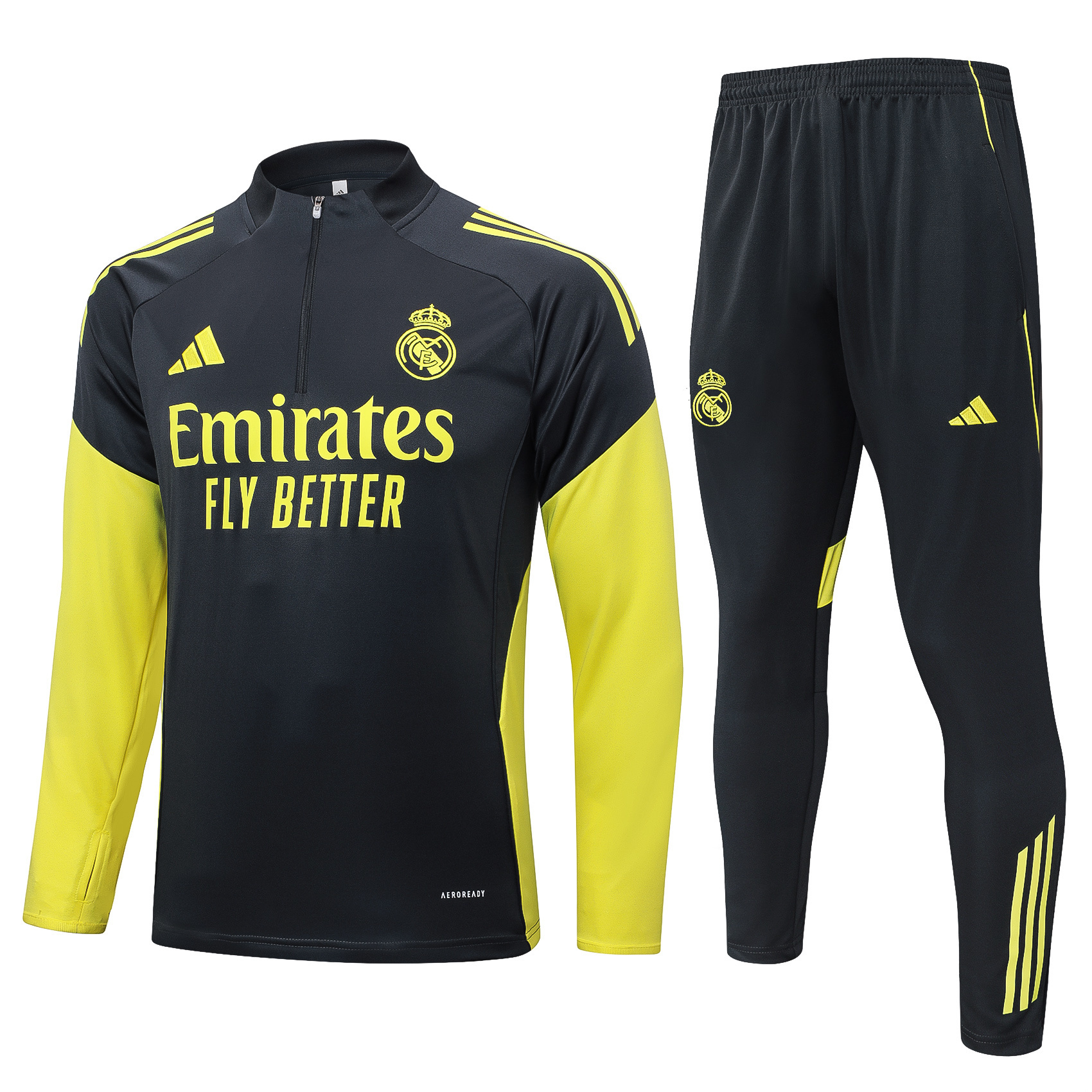 2025/2026 Real Madrid Dark gray with yellow sleeves Half-Pull Training Suit Football Shirt 1:1 Thai Quality Set