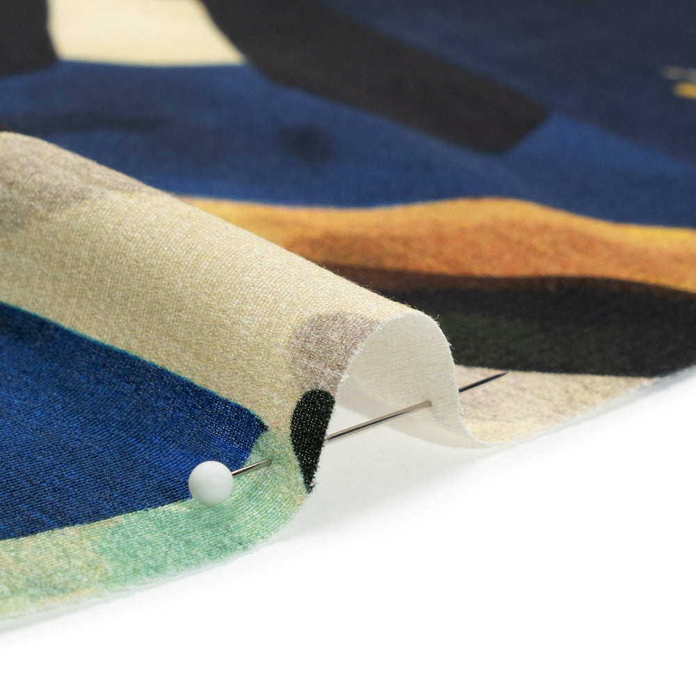 Sustainable Viscose Crepe Print - Blue, Green and Periwinkle Leafy and Geometric Patchwork - Mood Exclusive Curtain Call - Joann Fabrics