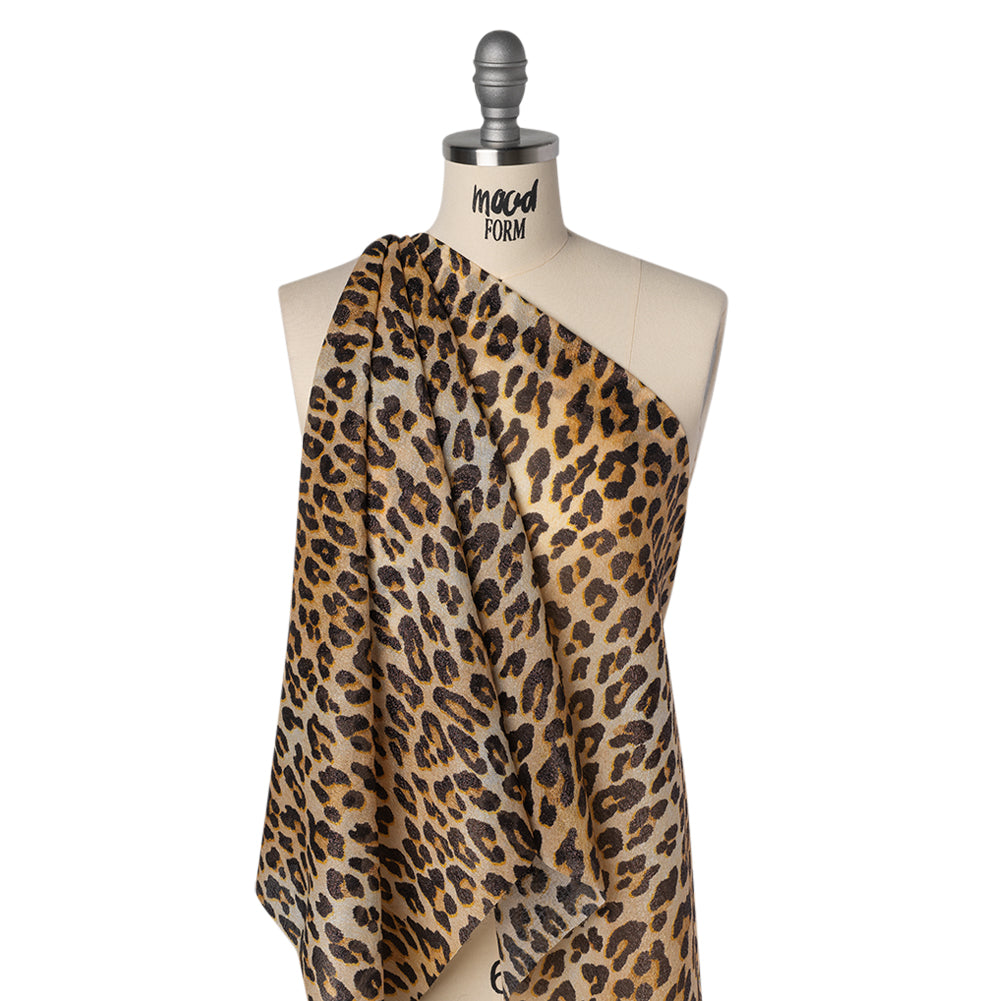 Metallic Silk Lame Print - Beige and Dark Brown Leopard Spots - Deadstock - Joann Fabrics