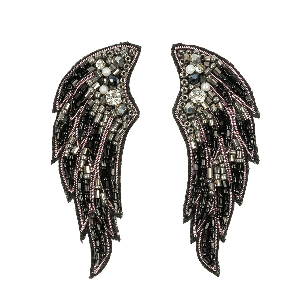 Gunmetal, Black and Pink Wings Rhinestone and Glass Beaded Applique - 3.125