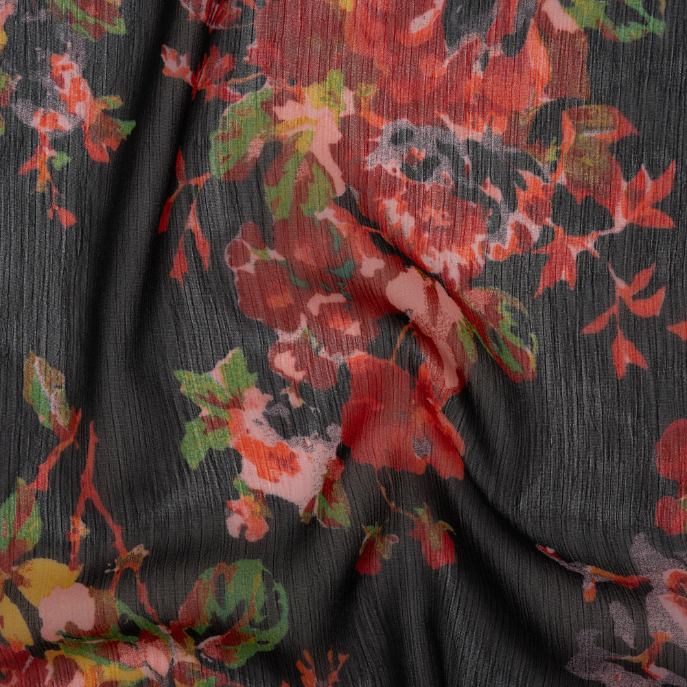 Crinkled Polyester Chiffon Print - Red, Green and Black Floral - Designer Deadstock - Joann Fabrics