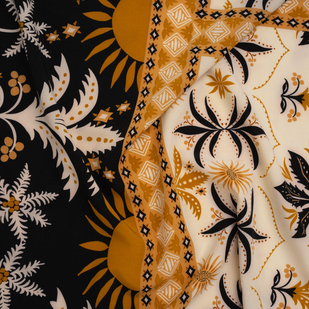 Stretch Polyester Crepe de Chine Print - Cream, Black and Golden Ochre Flowers and Suns Border - Designer Deadstock - Joann Fabrics
