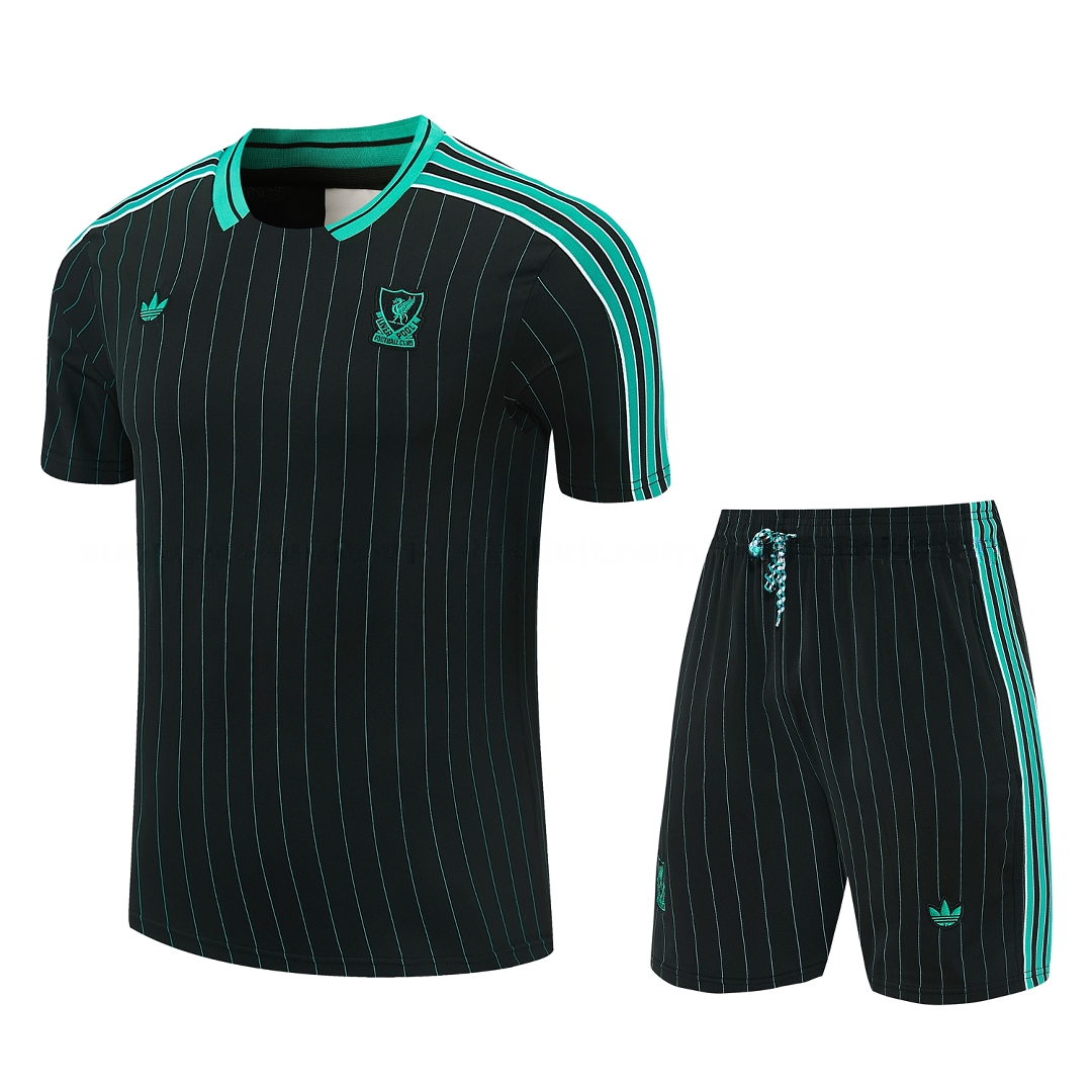 Liver.pool 25-26 Retro Style Short-Sleeve Training Set - Black With Teal Stripes And Accents Top & Pants - UnitedFutballJersey