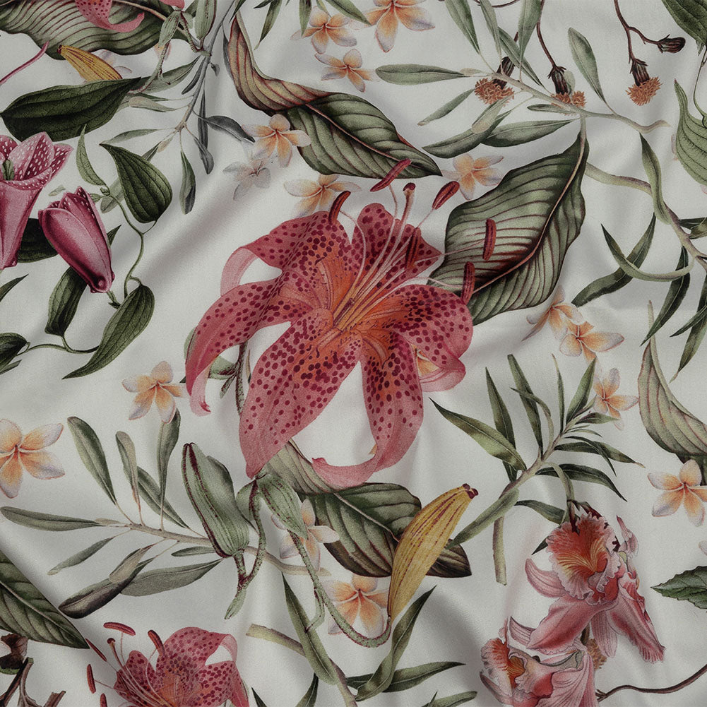 Mercerized Organic Egyptian Cotton Shirting - Green, Pink and White Tropical Flowers - Ravello Collection - Joann Fabrics