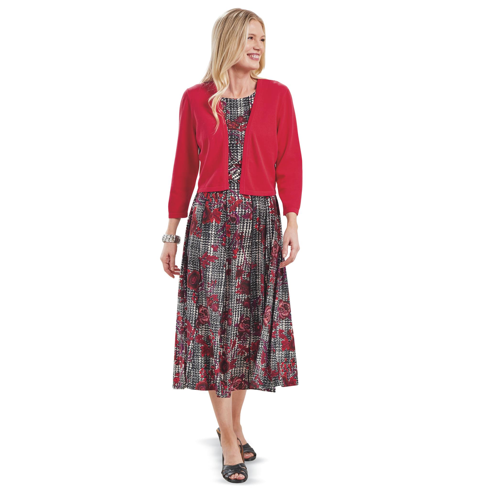 Ruched-Waist Houndstooth Floral Dress Fitted at Bodice, Flared at Hem - Northstyle Catalog