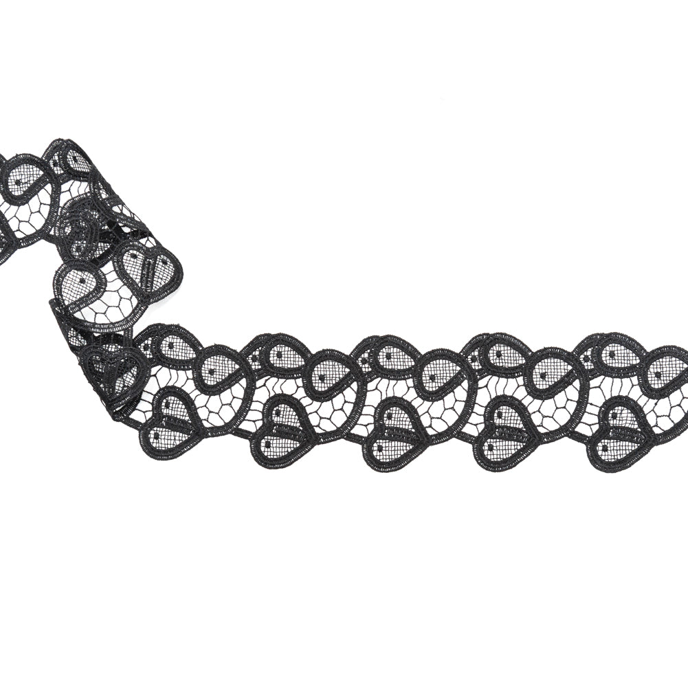 Italian Black Swirling Hearts Venise Lace Trim - 2.625