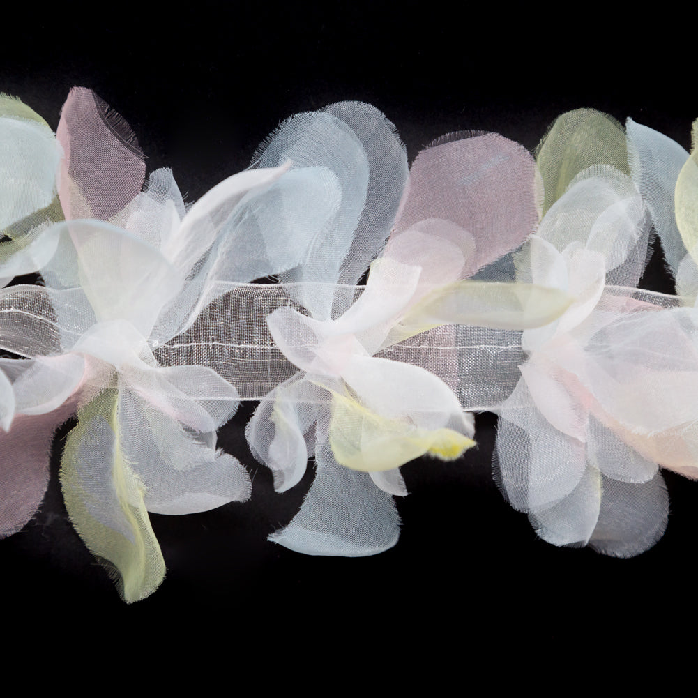 Italian Pastel Pink, Yellow and White 3D Organdy Floral Trim - 4