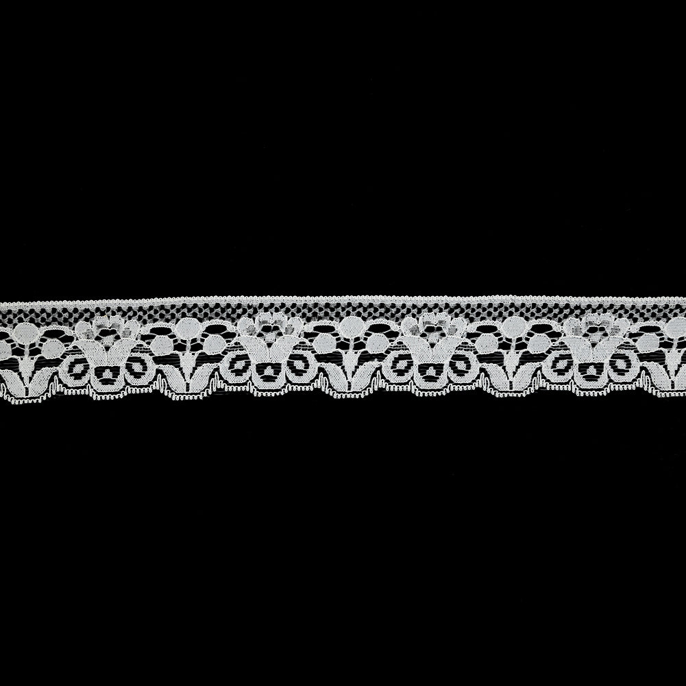 White Abstracted Flowers Lace Trim with Single Scalloped Edge - 1.25