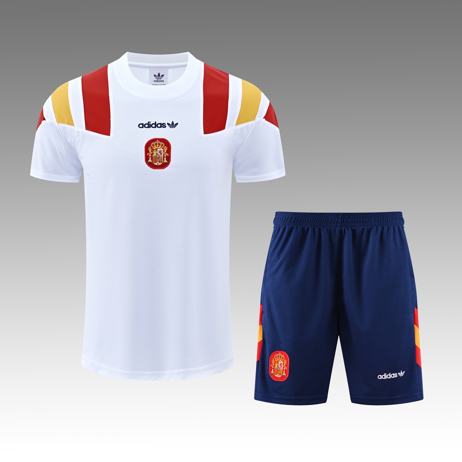 Spain 2026 Originals Trefoil Short-Sleeve Training Set - White Top & Deep Blue Shorts - UnitedFutballJersey