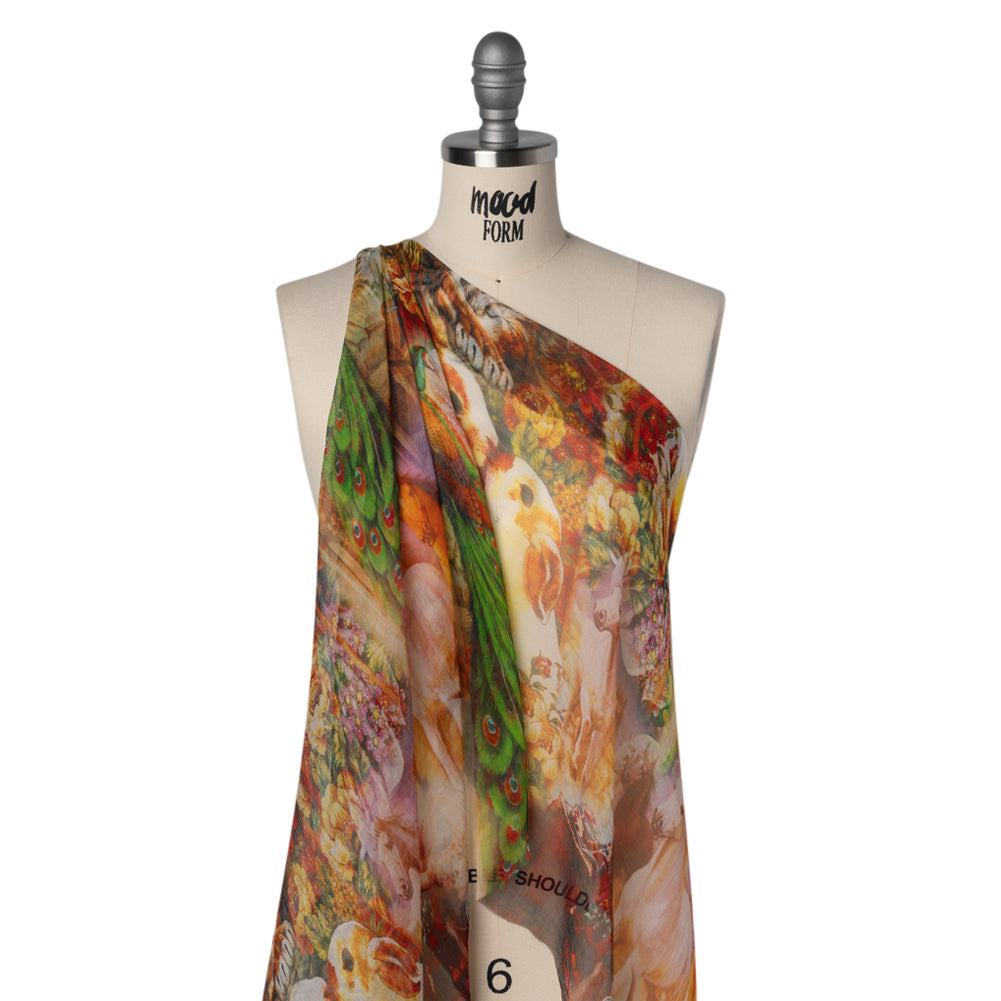 Crinkled Silk Chiffon Print - Green, Gold, and Red Flowers and Animals - Deadstock - Joann Fabrics